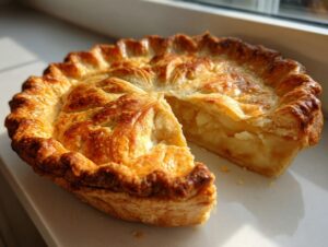 A golden brown, flaky butter pie crust covering an apple pie with one slice removed, showing the filling.