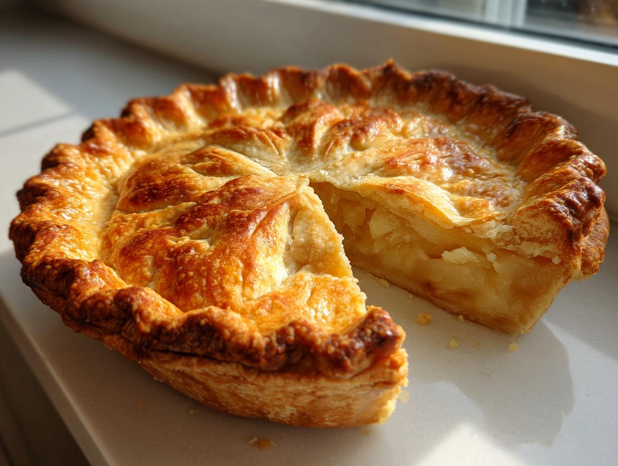 A golden brown, flaky butter pie crust covering an apple pie with one slice removed, showing the filling.