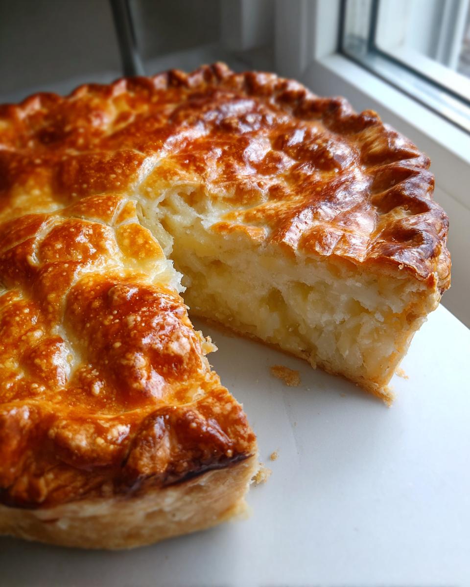 A golden brown pie with a slice removed, showcasing the flaky layers of the butter pie crust and a light filling.