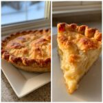 A split image showing a whole baked pie with a flaky butter pie crust and a close-up slice revealing the filling.