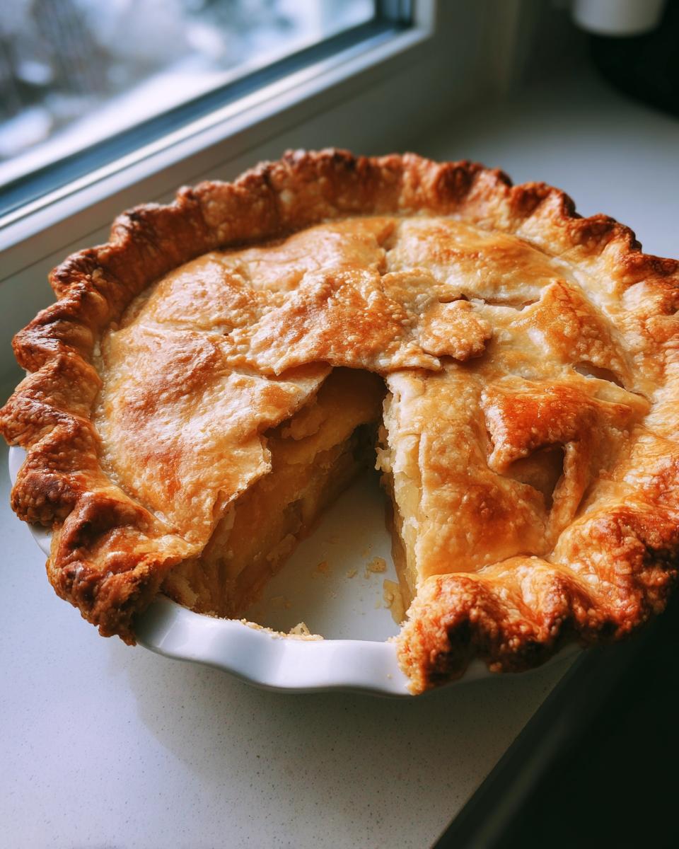 A golden brown double-crust pie, likely apple, showing a flaky butter pie crust with one slice cut out.