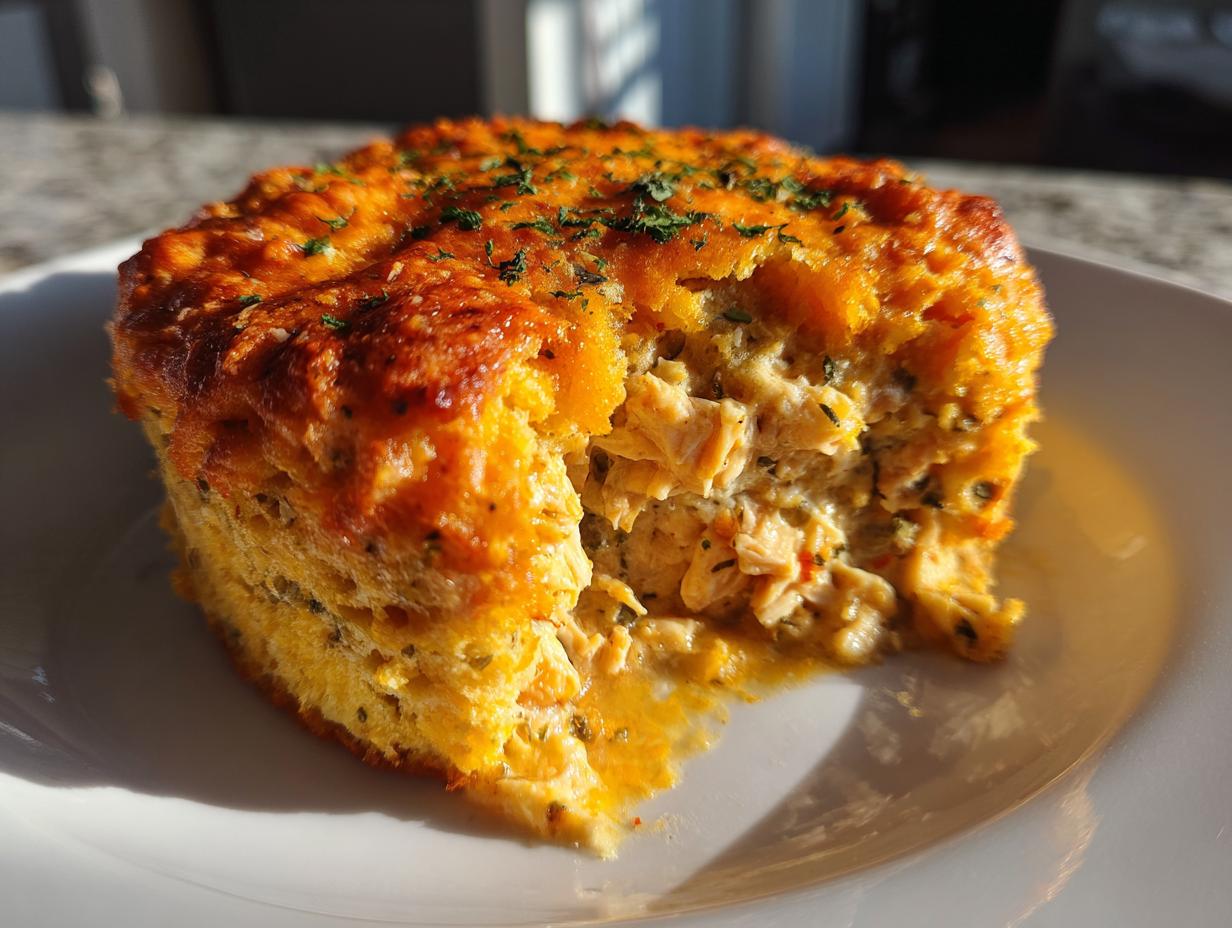 A close-up of a serving of moist chicken cobbler with a golden, cheesy crust, showing the shredded chicken filling inside.
