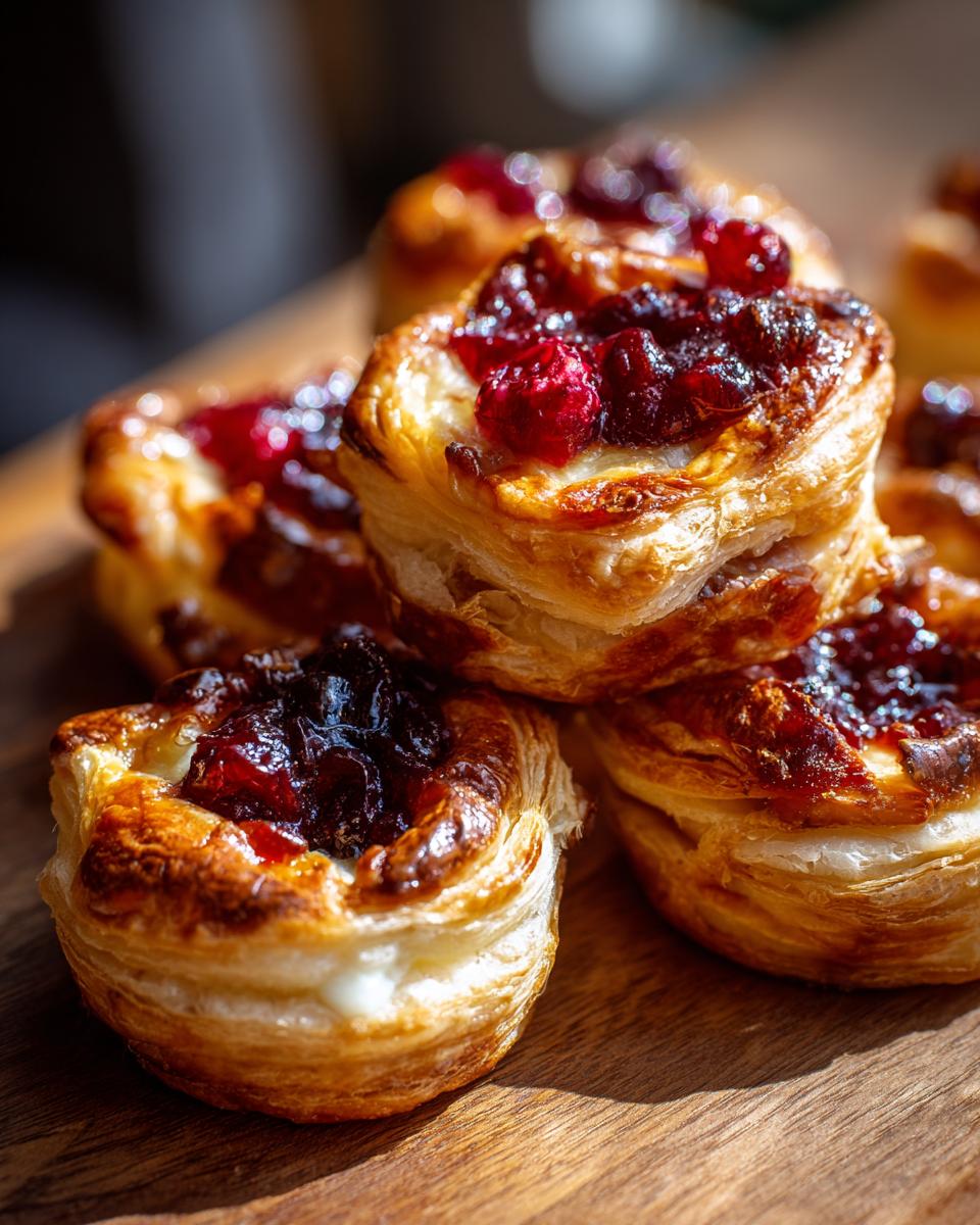 Close-up of golden, flaky pastry cups filled with melted brie and topped with dark cranberry sauce, perfect cranberry brie bites.