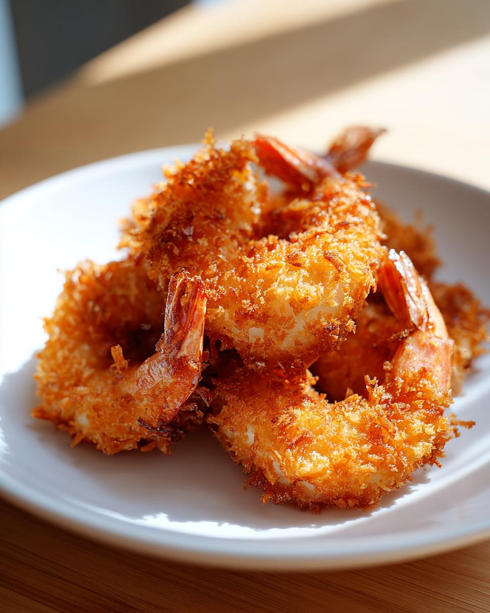 A close-up of perfectly golden brown fried shrimp piled on a white plate, showcasing a crispy coating.