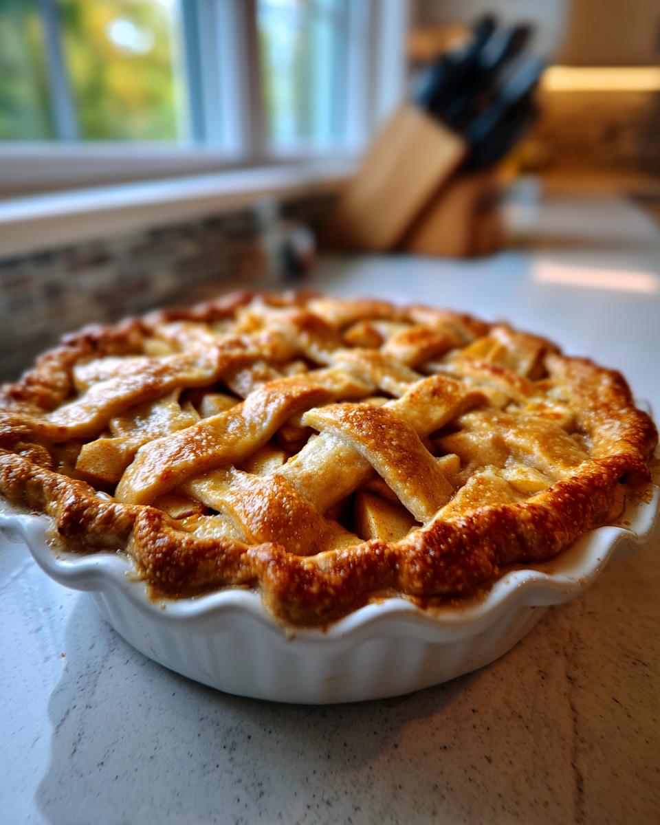 Close-up of a freshly baked apple pie with a golden brown lattice crust in a white ceramic dish.