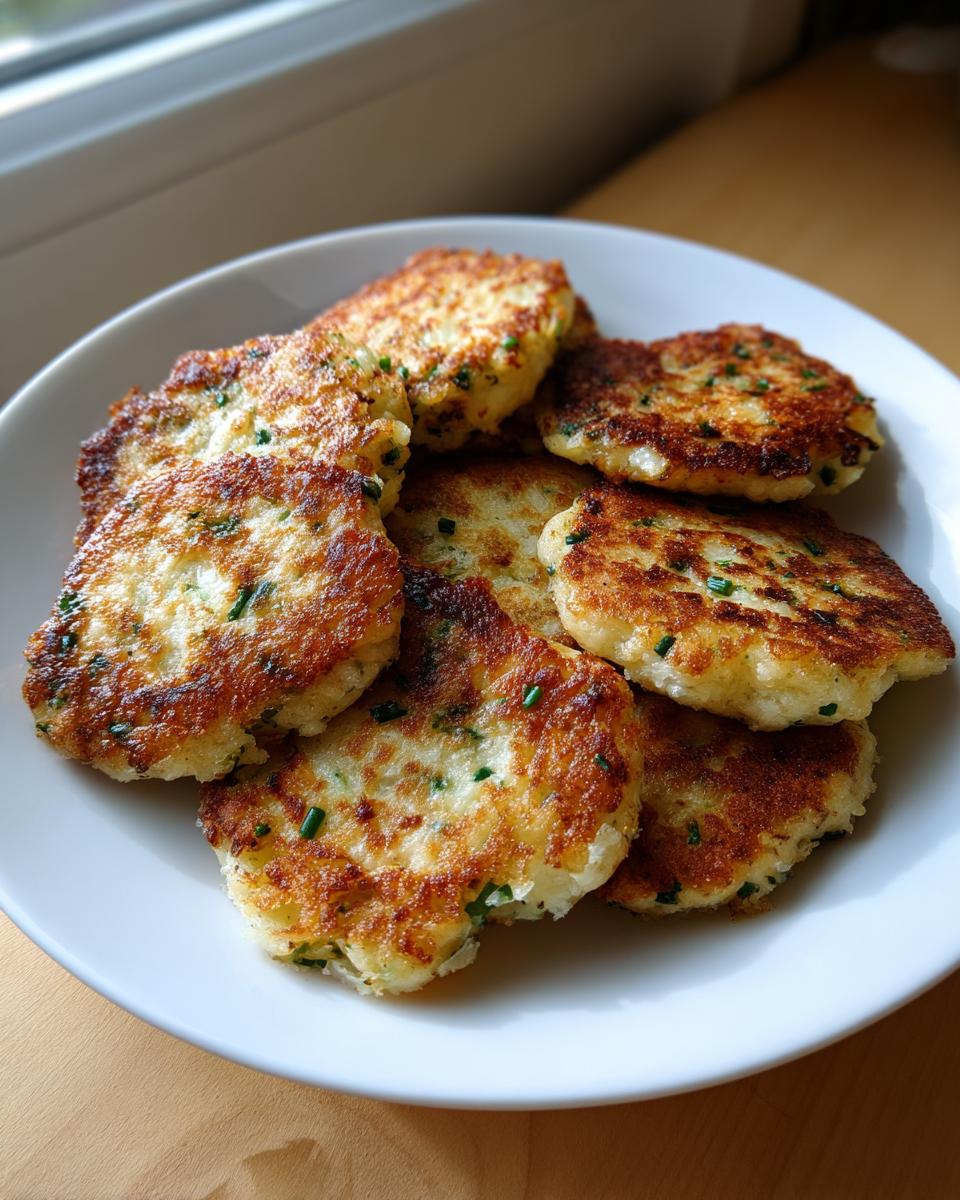 A pile of freshly fried, golden brown mashed potato cakes speckled with green chives, served on a white plate.