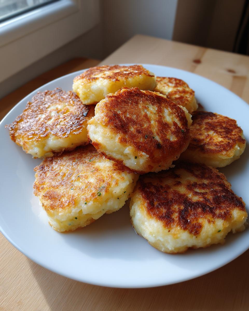 A stack of seven golden brown, pan-fried mashed potato cakes on a white plate, sitting near a window.