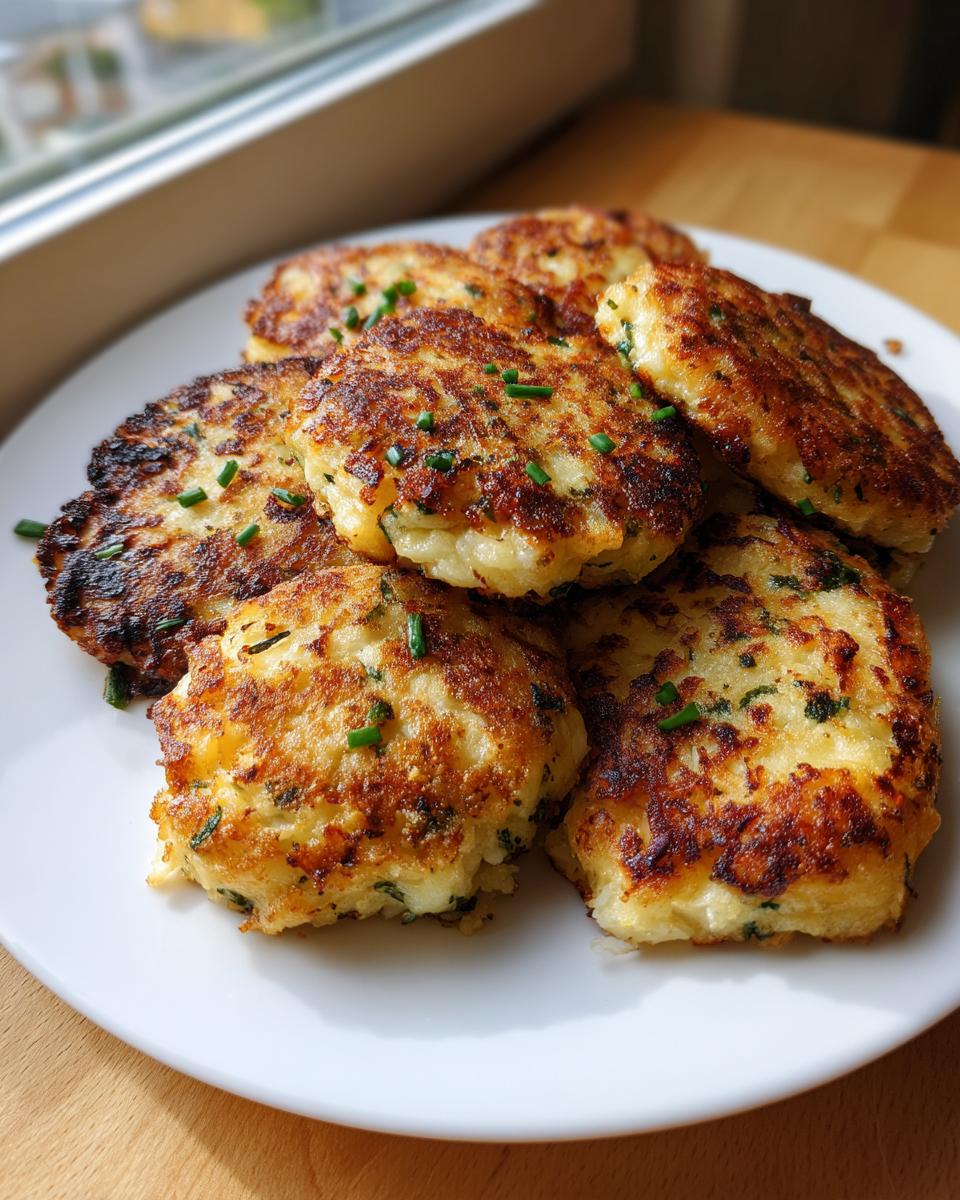 A stack of freshly pan-fried mashed potato cakes, golden brown and garnished with chives.