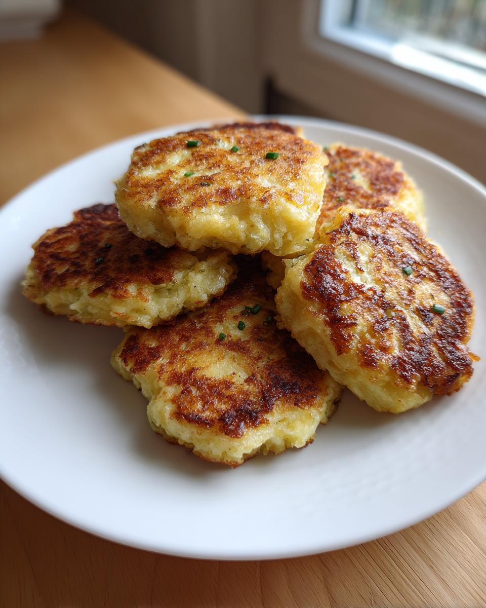 A stack of five golden-brown, pan-fried mashed potato cakes garnished with chives on a white plate.