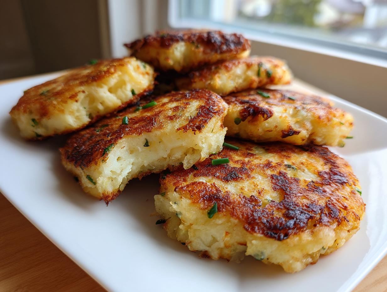 A stack of perfectly pan-fried mashed potato cakes, golden brown and garnished with chives.