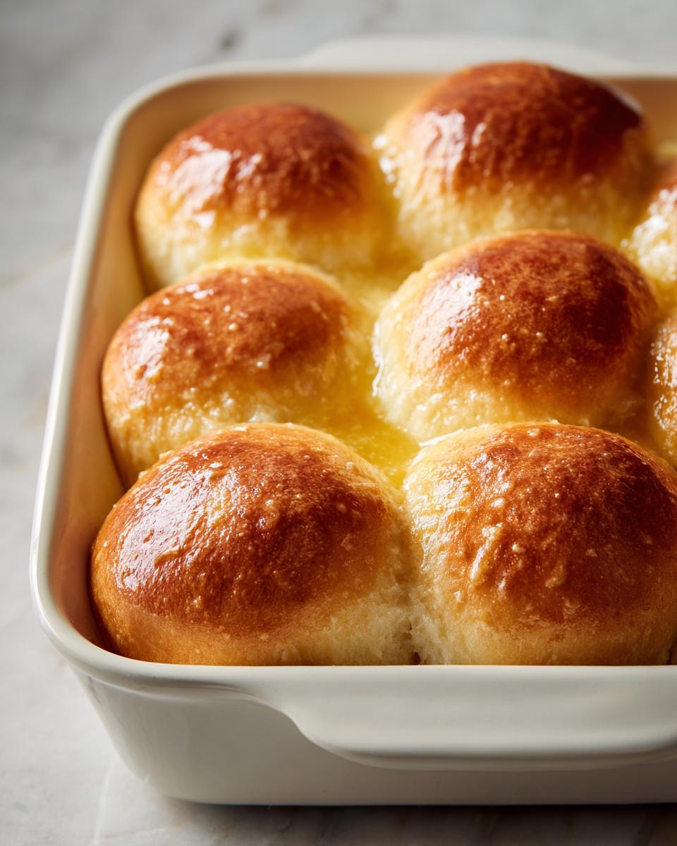 Close-up of golden brown sourdough discard rolls baked together and glistening with melted butter in a white dish.