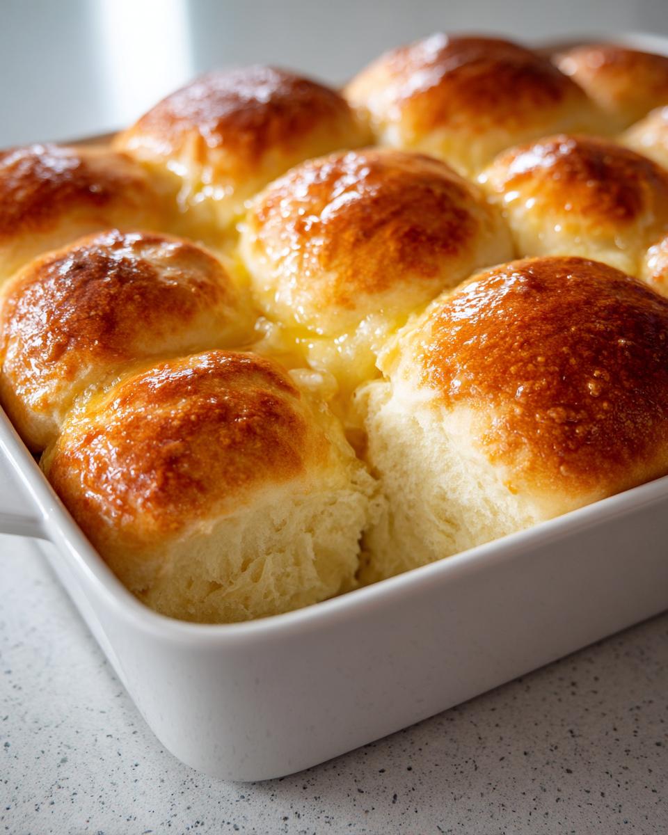 Close-up of golden brown sourdough discard rolls, glistening with melted butter in a white baking dish.