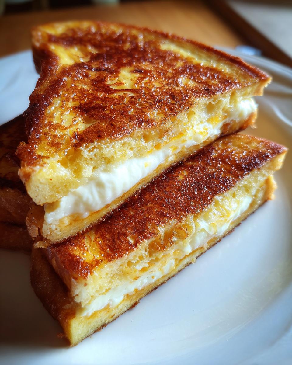Close-up of golden brown stuffed french toast halves, showing a creamy white filling inside.