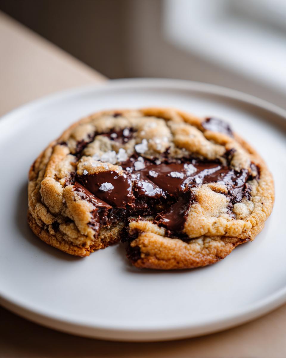 Close-up of a freshly baked brown butter chocolate chip cookie with a bite taken out, showing melted chocolate and flaky sea salt.