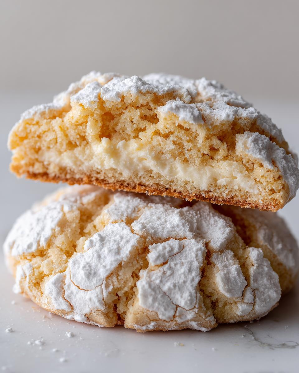 Two gooey butter cookies stacked, the top one cut in half showing the creamy center and powdered sugar coating.