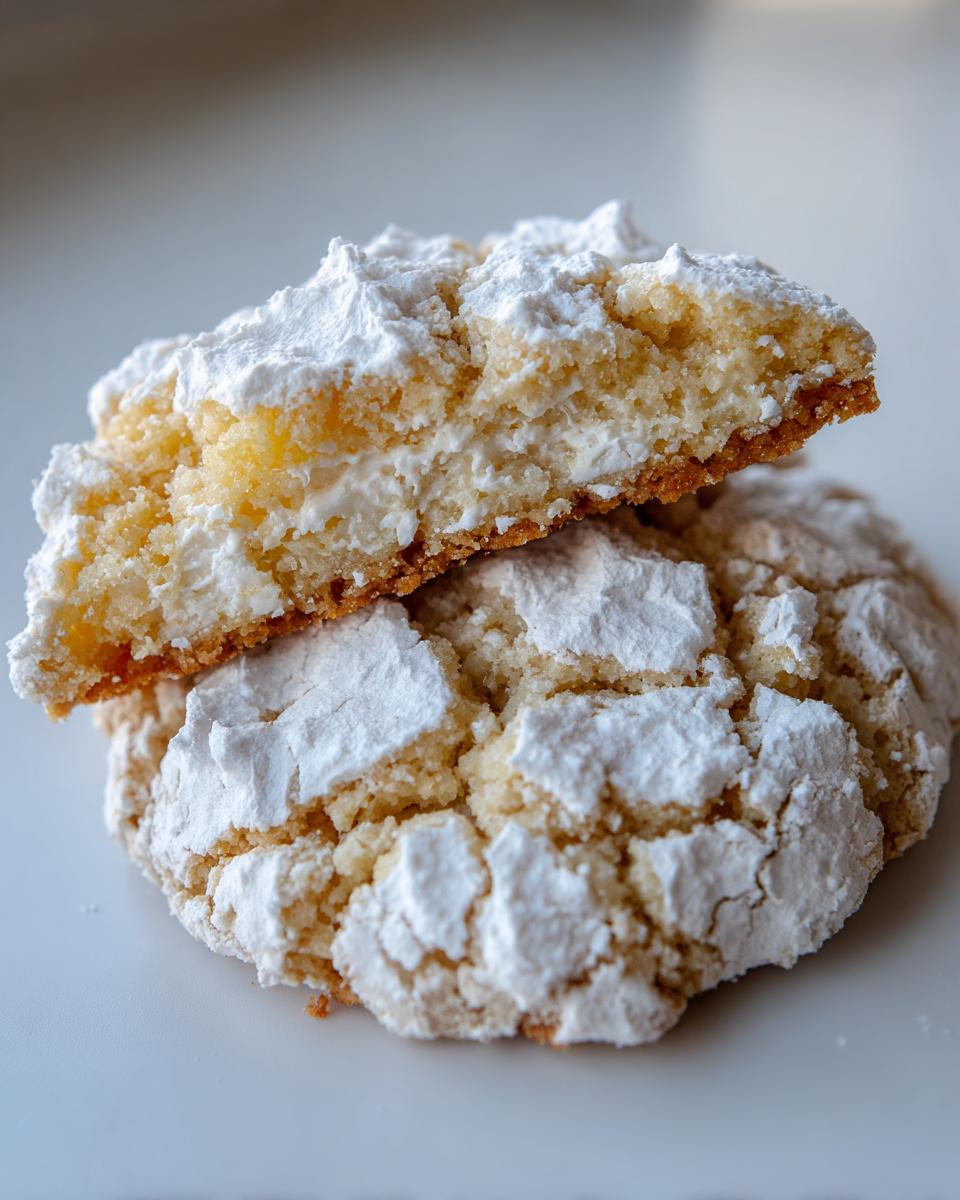 Close-up of two gooey butter cookies, one broken in half revealing a soft, creamy center and powdered sugar topping.