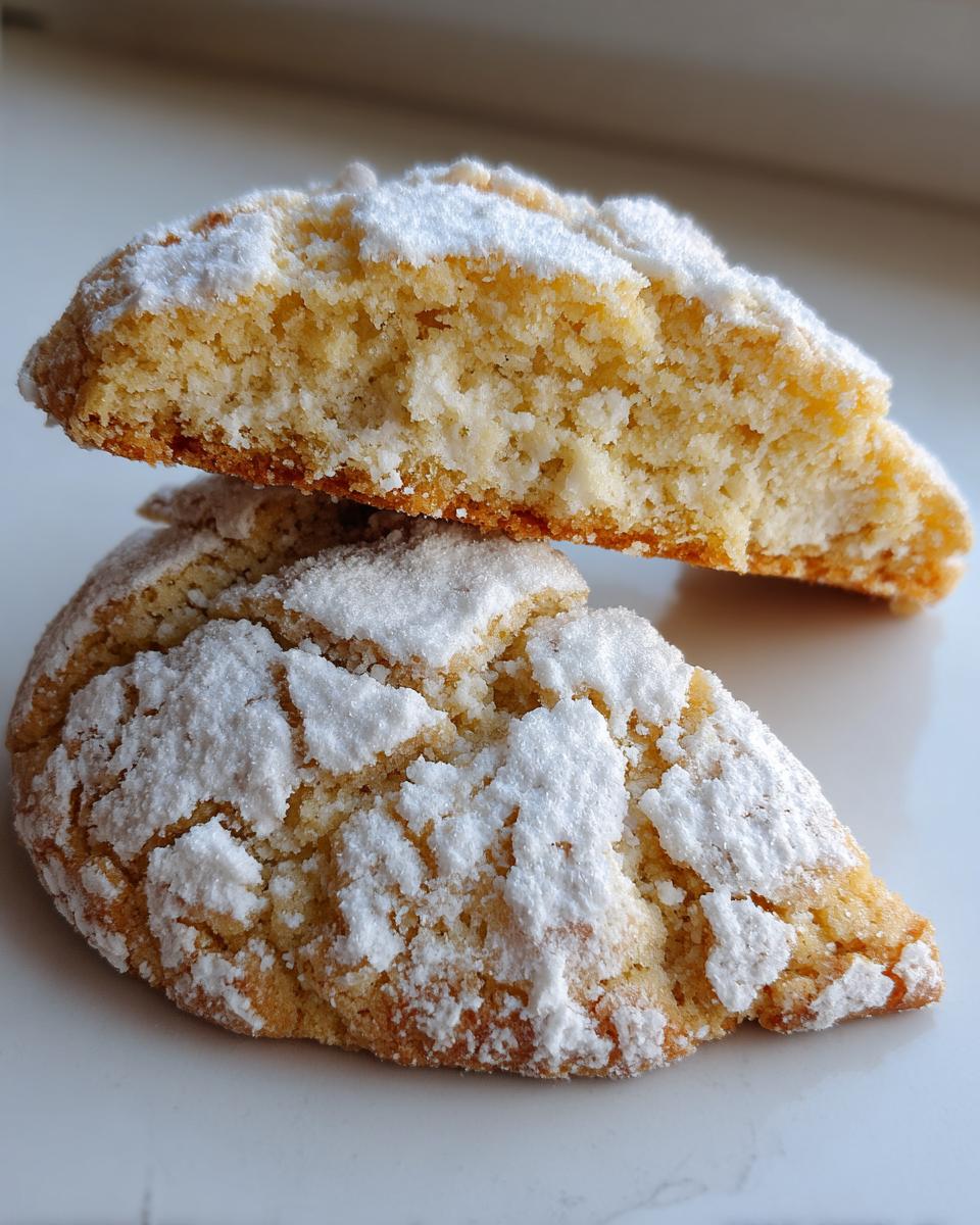 Close-up of two gooey butter cookies, one cut in half showing the soft interior, dusted heavily with powdered sugar.