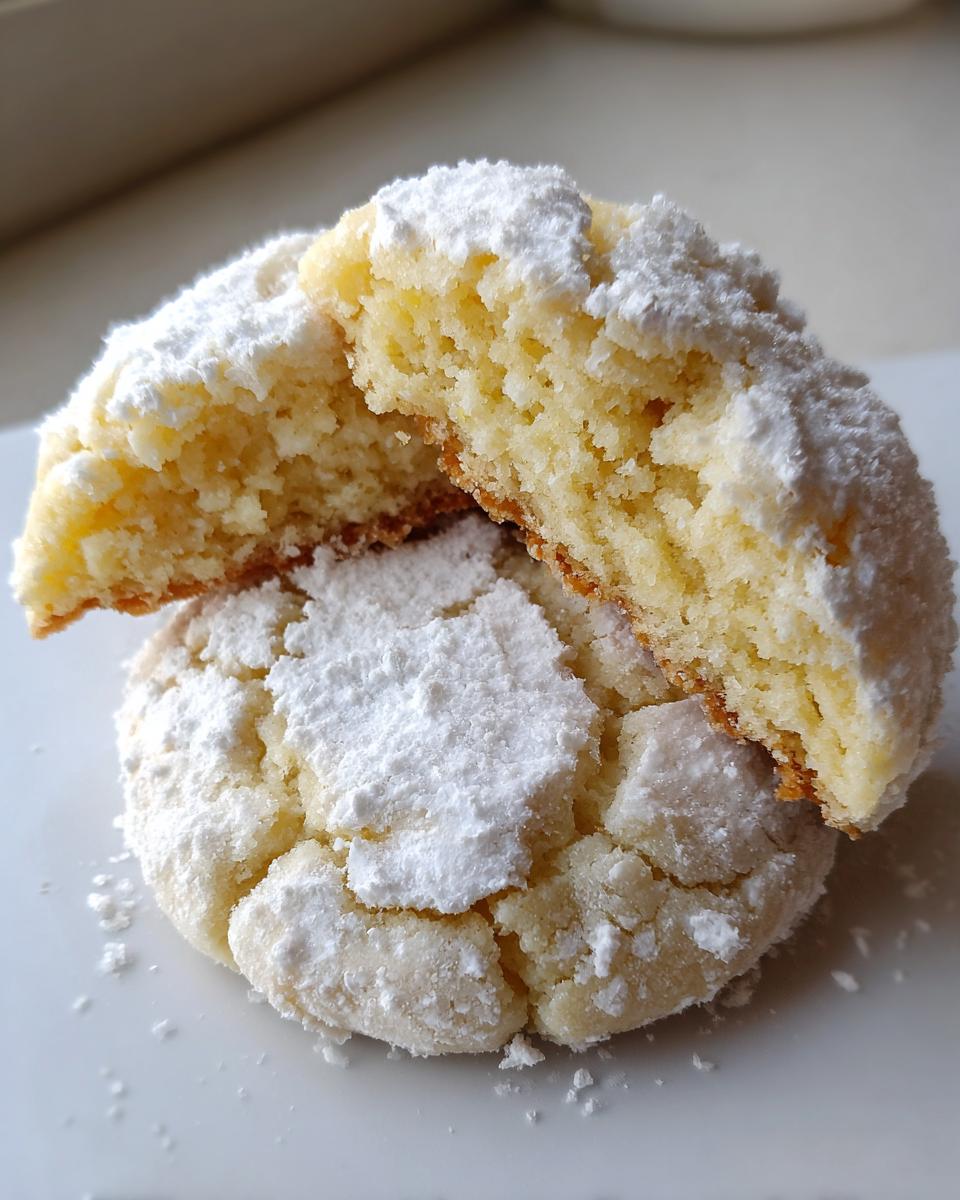 Two gooey butter cookies, one broken in half to show the soft interior, heavily dusted with powdered sugar.