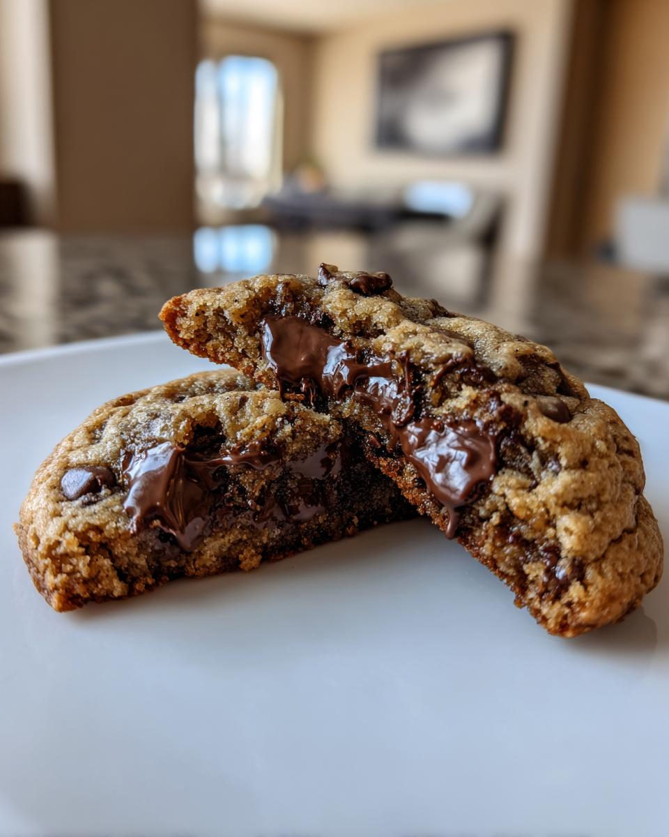 A chocolate chip cookie broken in half revealing a molten, gooey chocolate center.