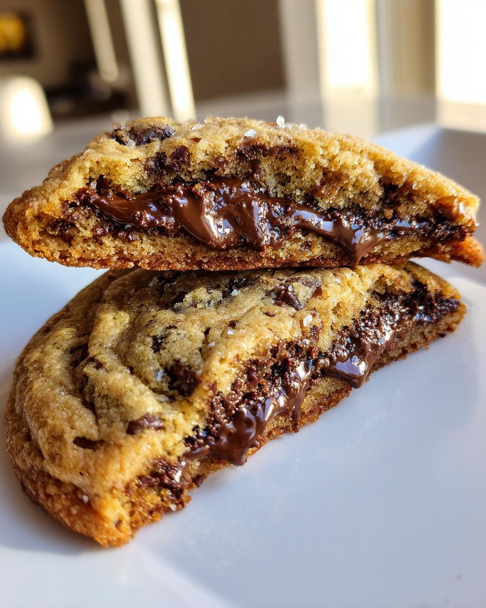 Close-up of a chocolate chip cookie cut in half showing a melted, gooey chocolate center.