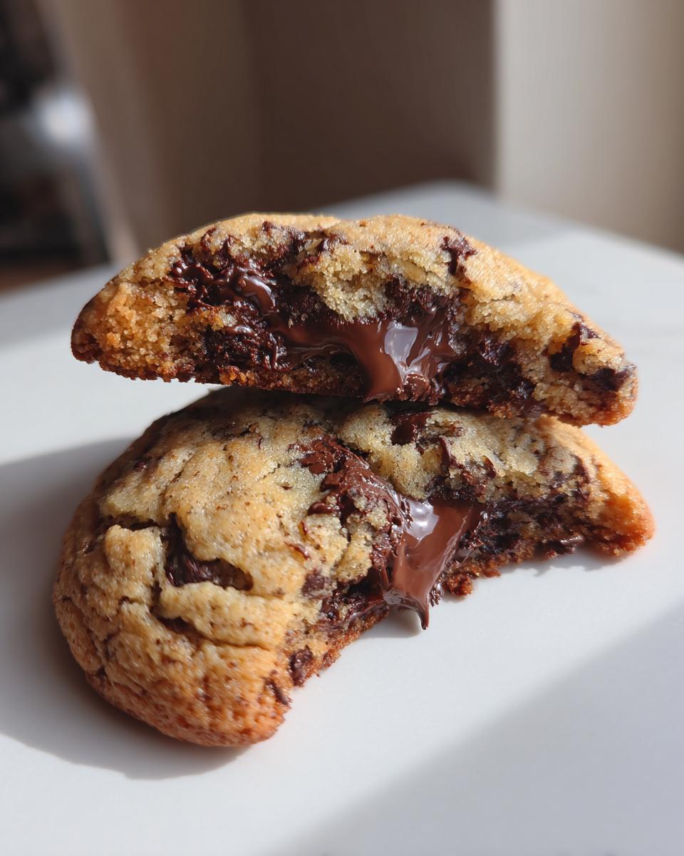 Close-up of a chocolate chip cookie broken in half, showing melted, gooey chocolate center.