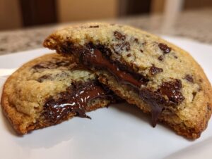 Close-up of a warm chocolate chip cookie broken in half, revealing melted, gooey chocolate center.