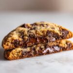Close-up of a chocolate chip cookie cut in half showing gooey, melted chocolate filling inside.