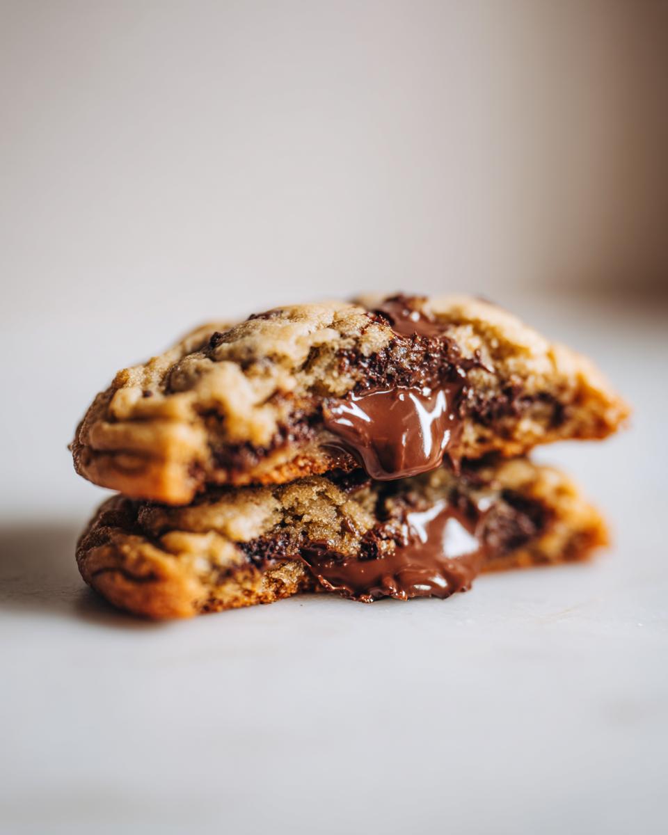 Two halves of a freshly baked chocolate chip cookie stacked, showing gooey, melted chocolate oozing out.