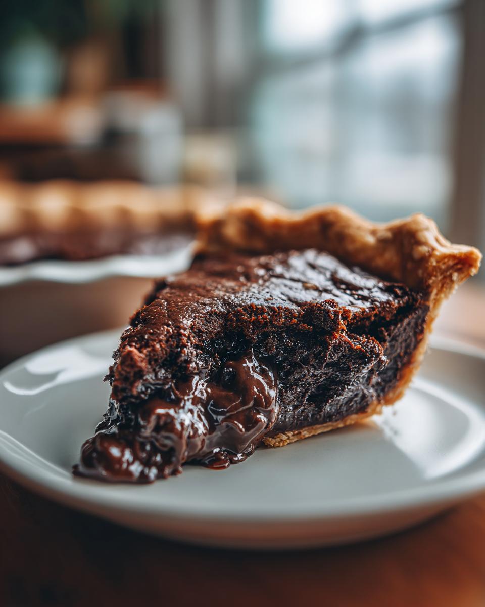 A decadent slice of hot fudge pie with a rich, molten chocolate center oozing onto a white plate.