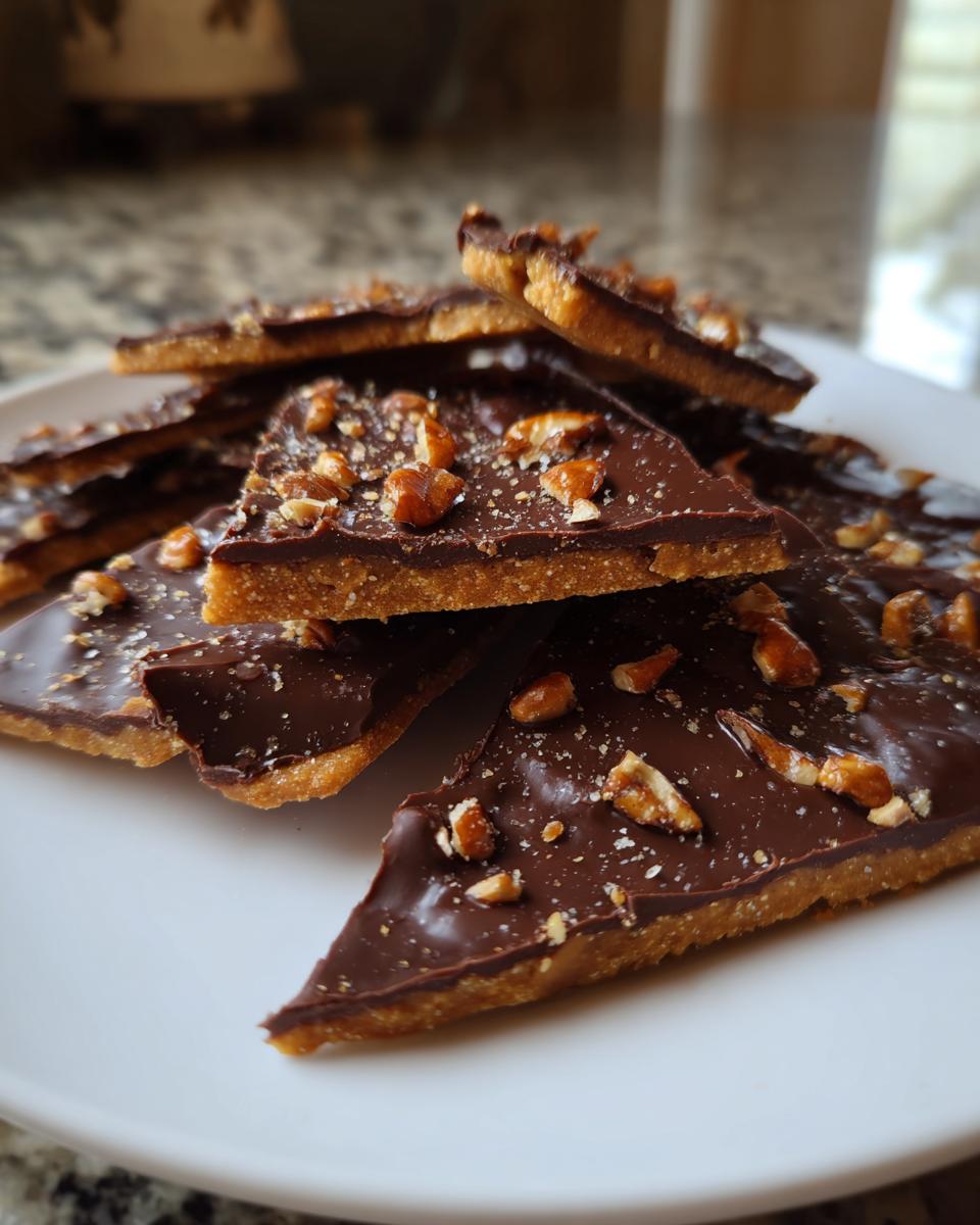 Close-up of broken pieces of graham cracker toffee topped with melted chocolate and chopped pecans on a white plate.