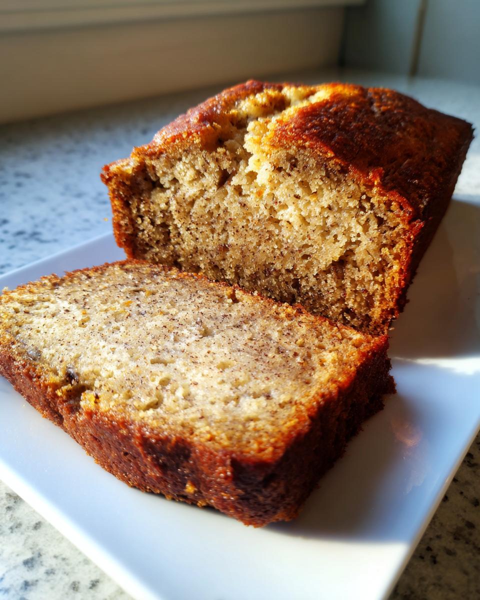 Close-up of a slice of moist greek yogurt banana bread with a dark, caramelized crust.