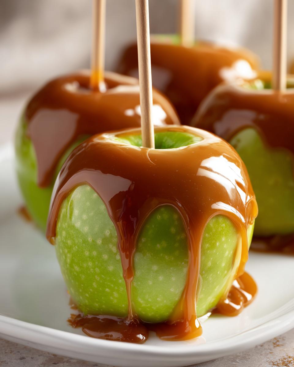 Close-up of a bright green Granny Smith apple fully coated in dripping, rich caramel, ready to eat as a caramel apple.