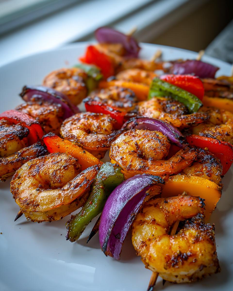 Close-up of grilled shrimp fajitas skewers loaded with seasoned shrimp, red, yellow, green peppers, and purple onion.