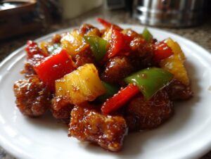 Close-up of glazed chicken pieces mixed with chunks of pineapple, red, and green bell peppers from the hawaiian chicken sheet pan.
