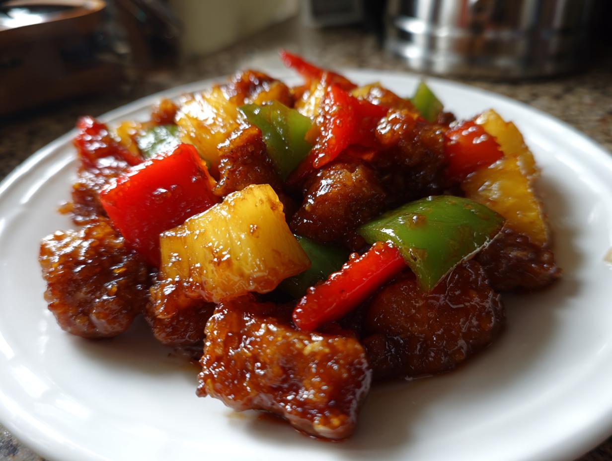 Close-up of glazed chicken pieces mixed with chunks of pineapple, red, and green bell peppers from the hawaiian chicken sheet pan.