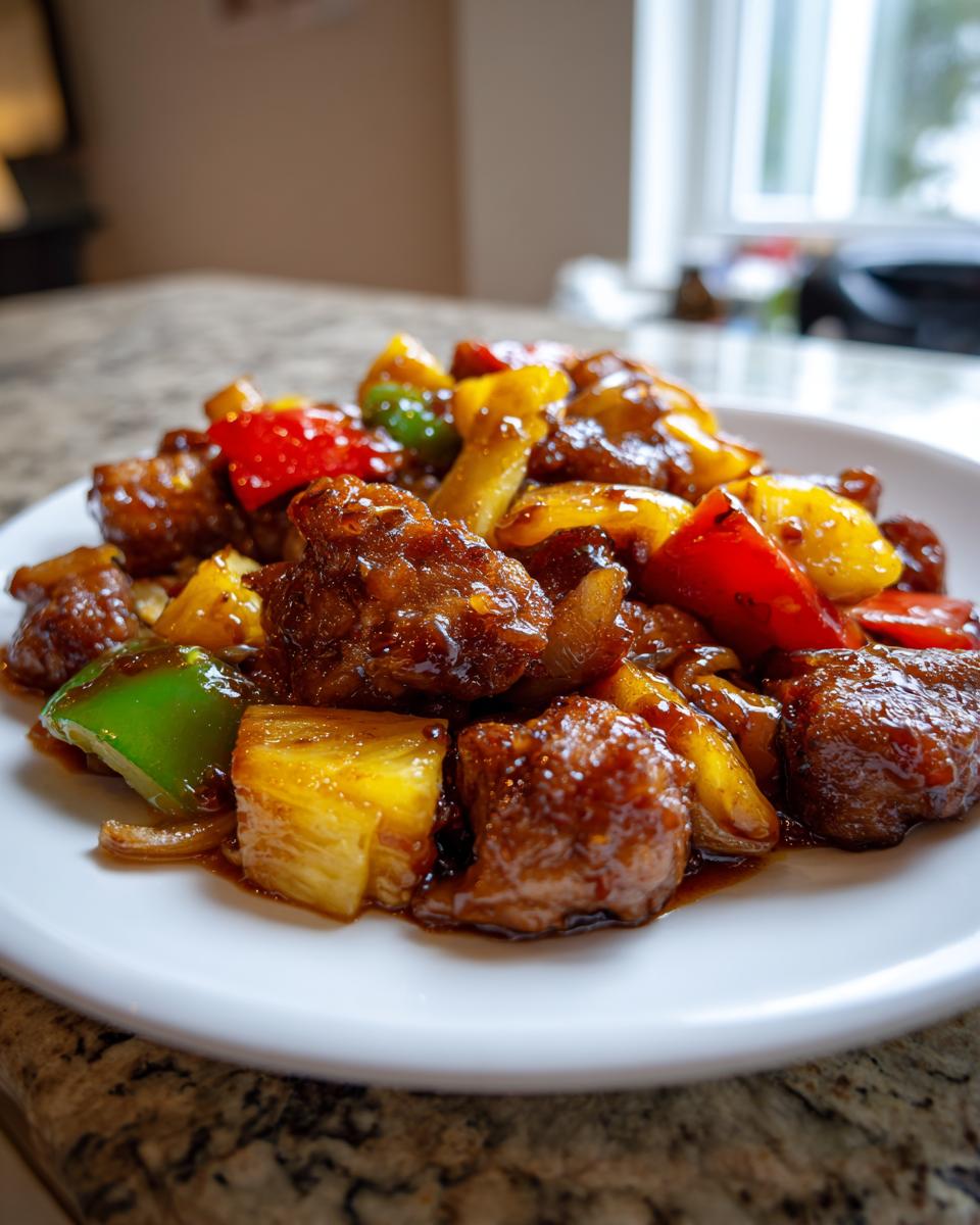Close-up of saucy hawaiian chicken sheet pan pieces mixed with pineapple and bell peppers on a white plate.