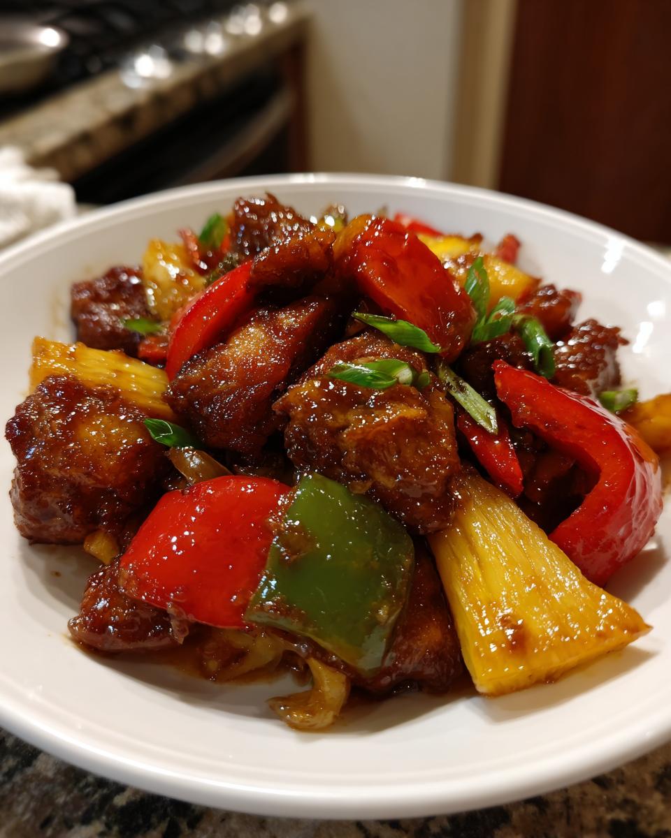 Close-up of glazed hawaiian chicken sheet pan pieces mixed with pineapple and bell peppers in a white bowl.