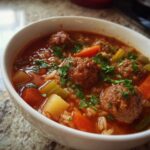 Close-up of a white bowl filled with rich, red albondigas soup featuring meatballs, rice, carrots, and celery, topped with fresh cilantro.