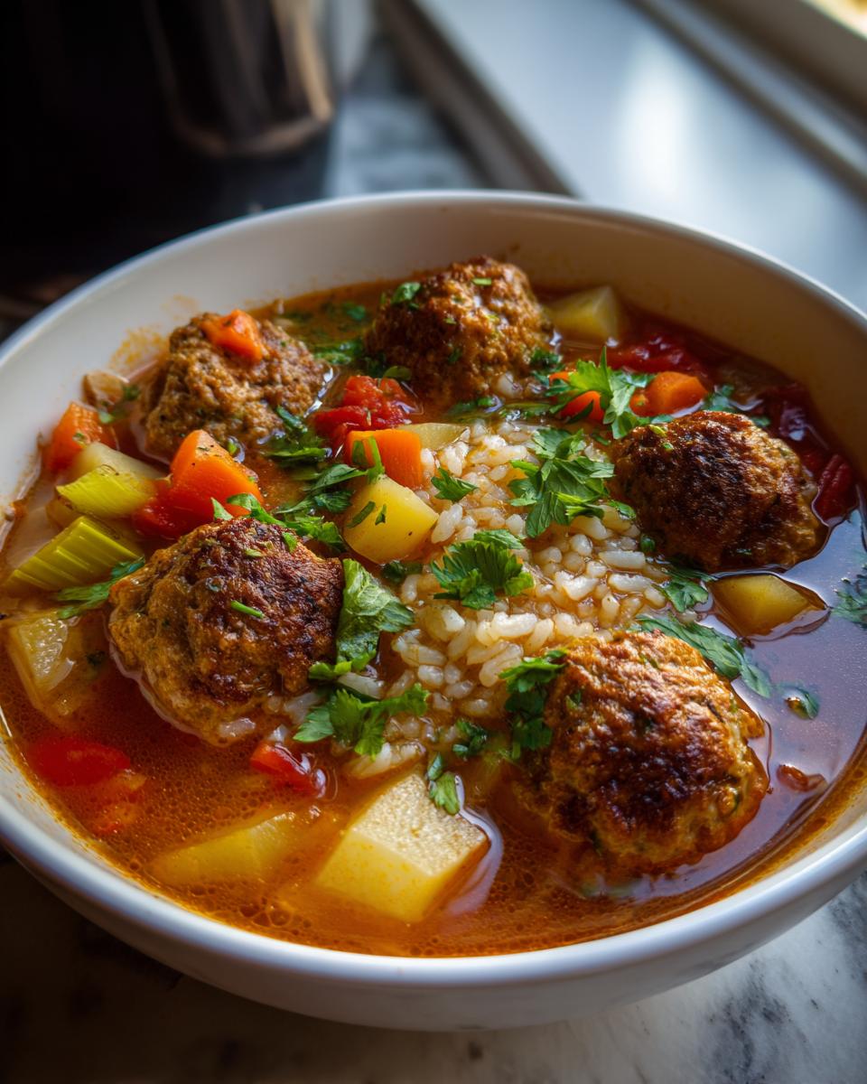 Close-up of a comforting bowl of albondigas soup featuring browned meatballs, rice, potatoes, carrots, and fresh cilantro garnish.