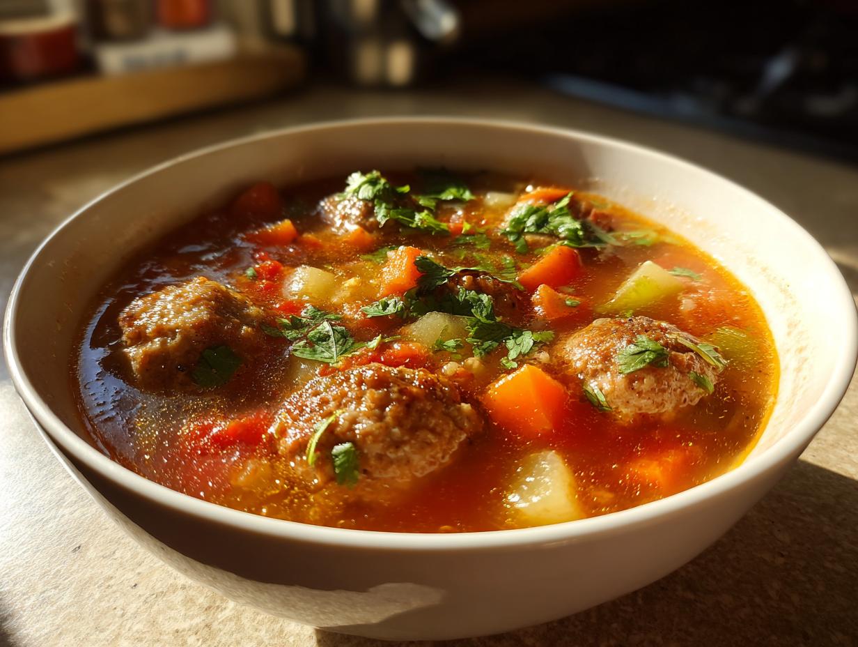 Close-up of a white bowl filled with rich, tomato-based albondigas soup featuring meatballs and chopped vegetables.