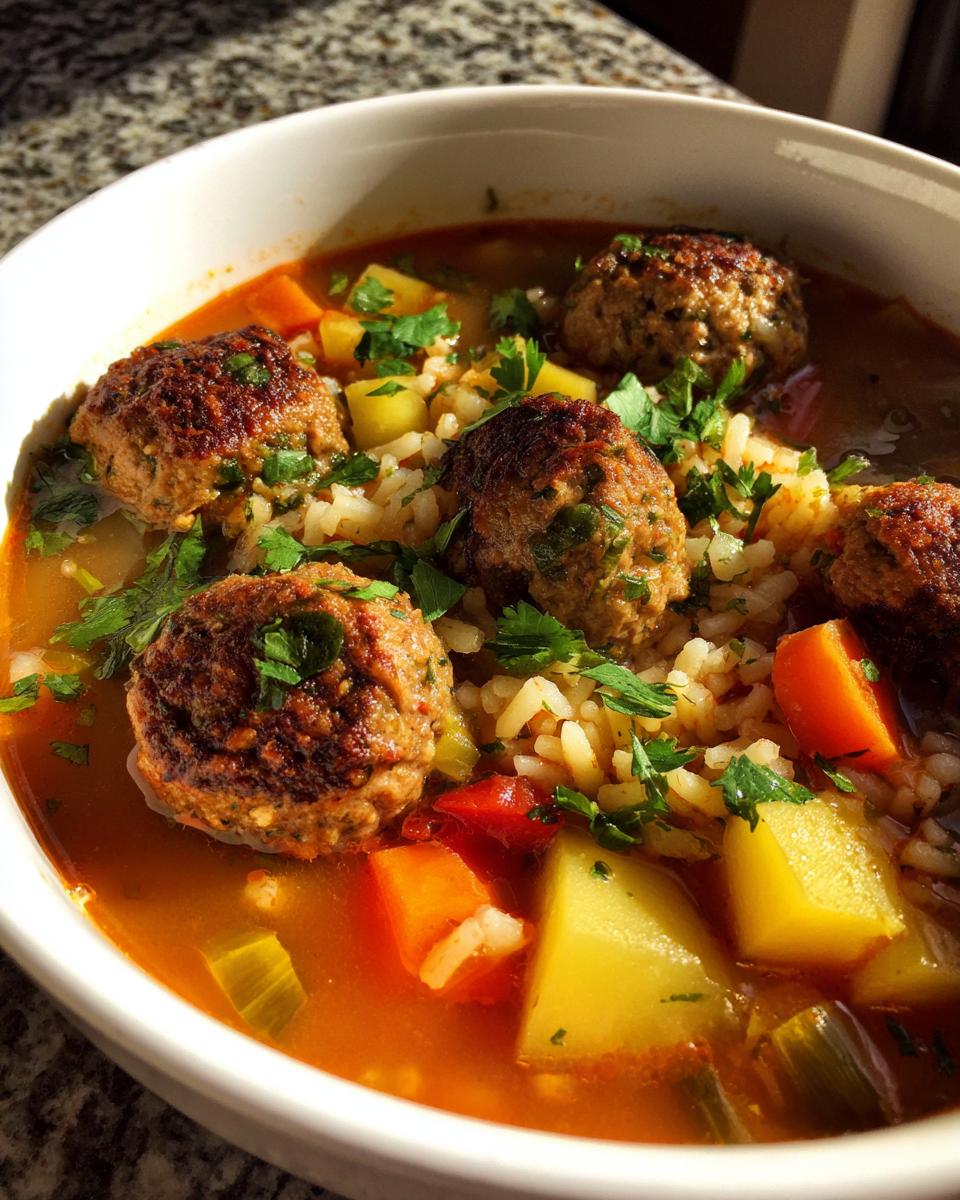 Close-up of a white bowl filled with rich albondigas soup featuring browned meatballs, rice, potatoes, carrots, and fresh parsley.