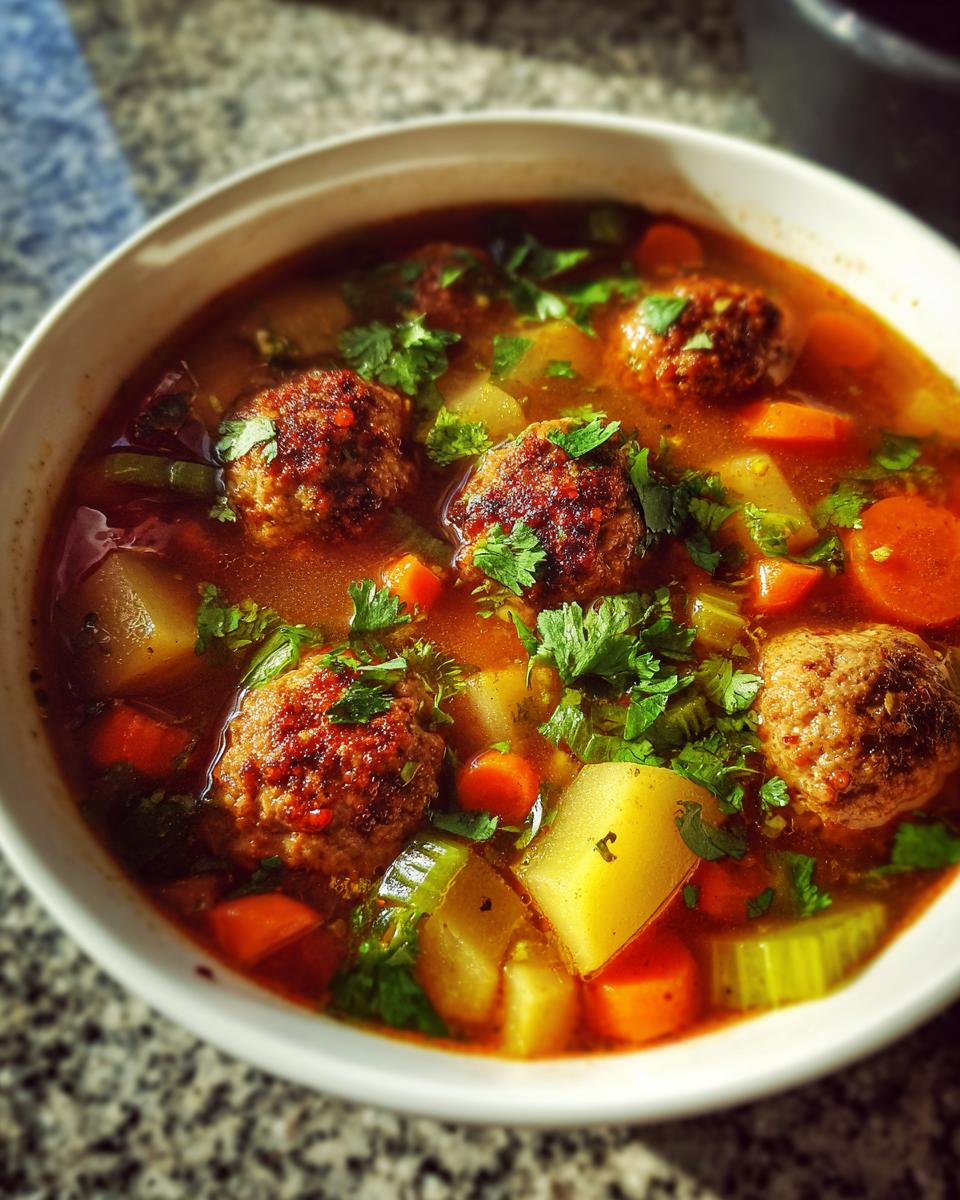 A close-up of a white bowl filled with rich albondigas soup featuring seasoned meatballs, potatoes, carrots, celery, and fresh cilantro.