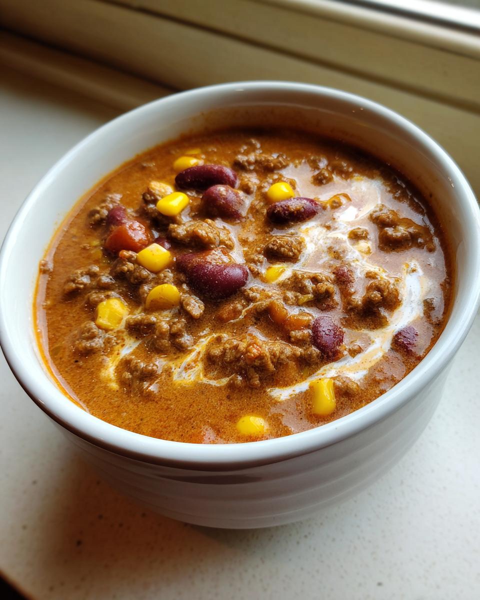 Close-up of a rich, thick bowl of cowboy soup featuring ground meat, red kidney beans, and yellow corn, topped with a swirl of cream.