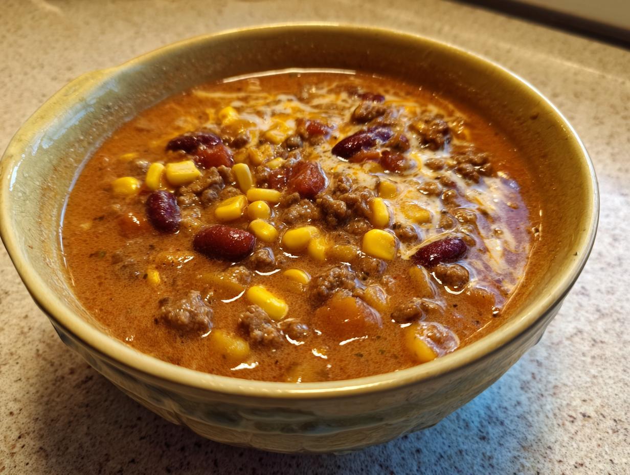 Close-up of a warm bowl of rich cowboy soup, featuring ground beef, kidney beans, and bright yellow corn kernels.