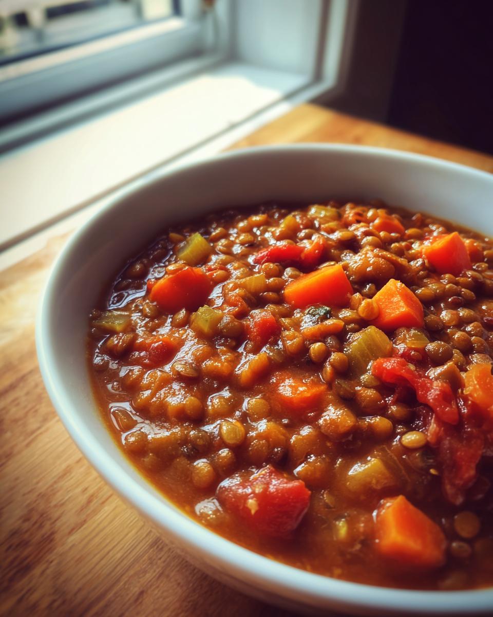 Close-up of a hearty bowl of lentil soup featuring visible chunks of carrots and celery.