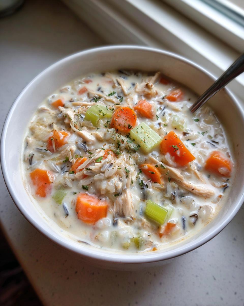 Close-up of a bowl of creamy chicken and wild rice soup with visible chunks of carrot and celery.