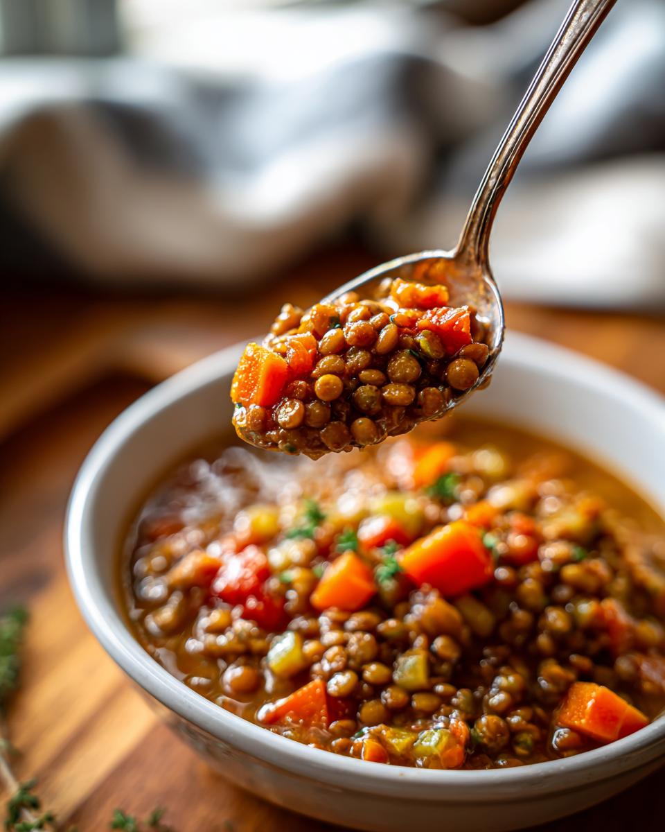 A spoonful of thick, hearty lentil soup, featuring brown lentils and diced carrots, lifted above a white bowl.
