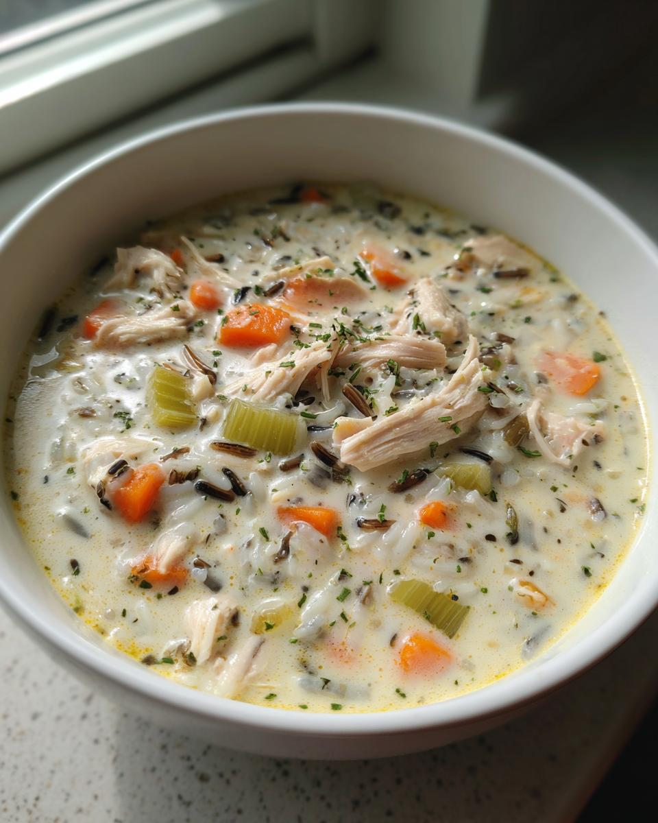 A close-up of a hearty chicken and wild rice soup in a white bowl, featuring shredded chicken, carrots, and celery.