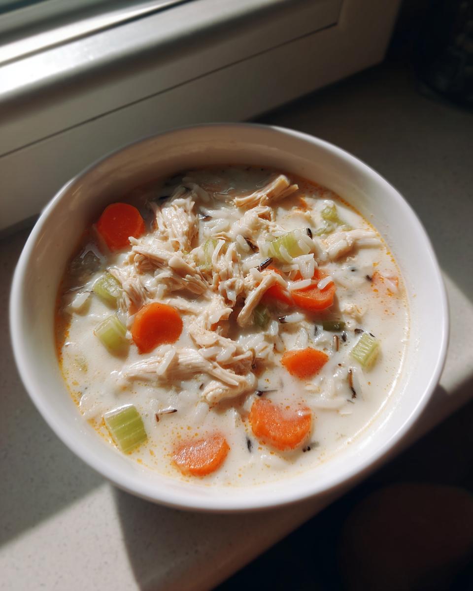 A close-up of a creamy chicken and rice soup bowl, featuring shredded chicken, bright orange carrots, and celery.