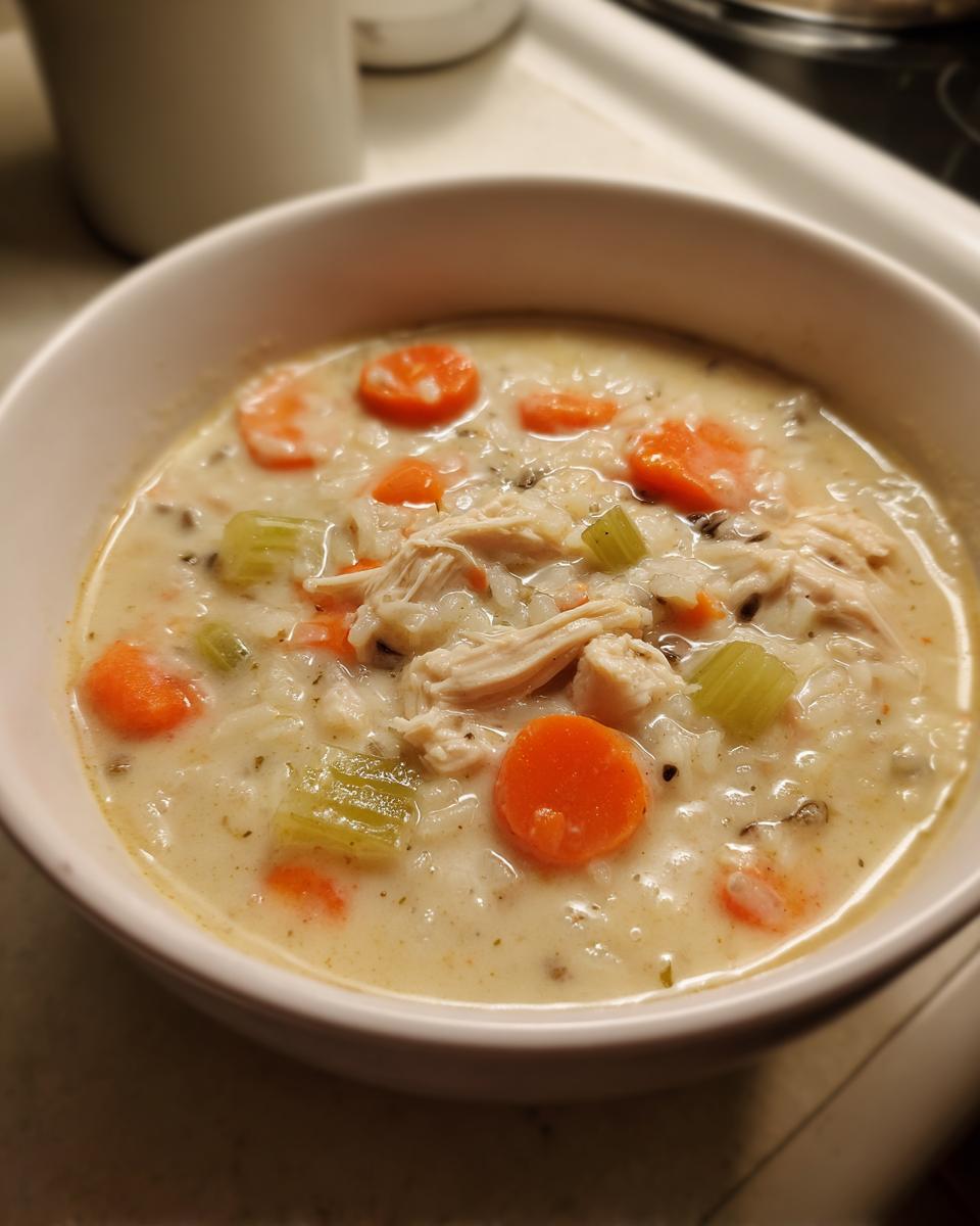 A close-up of a creamy chicken and wild rice soup bowl filled with shredded chicken, carrots, and celery.